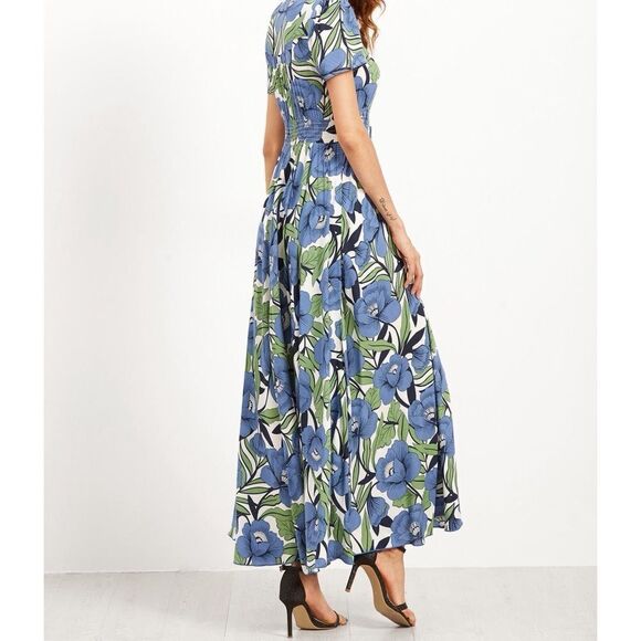 ✨ Flower Print V-Cut Button Shirt Waist Dress - Picture 2 of 4